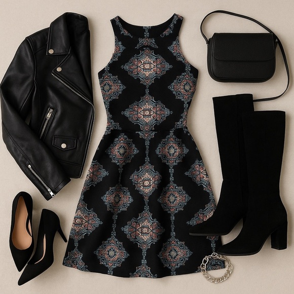 Y2K Medallion Print Fit & Flare Skater Dress High Neck Indie S Boho Chic - Picture 3 of 10